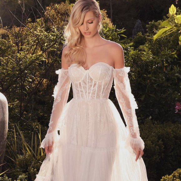 Off the Shoulder Long Sleeve Bohemian Bridal Gown